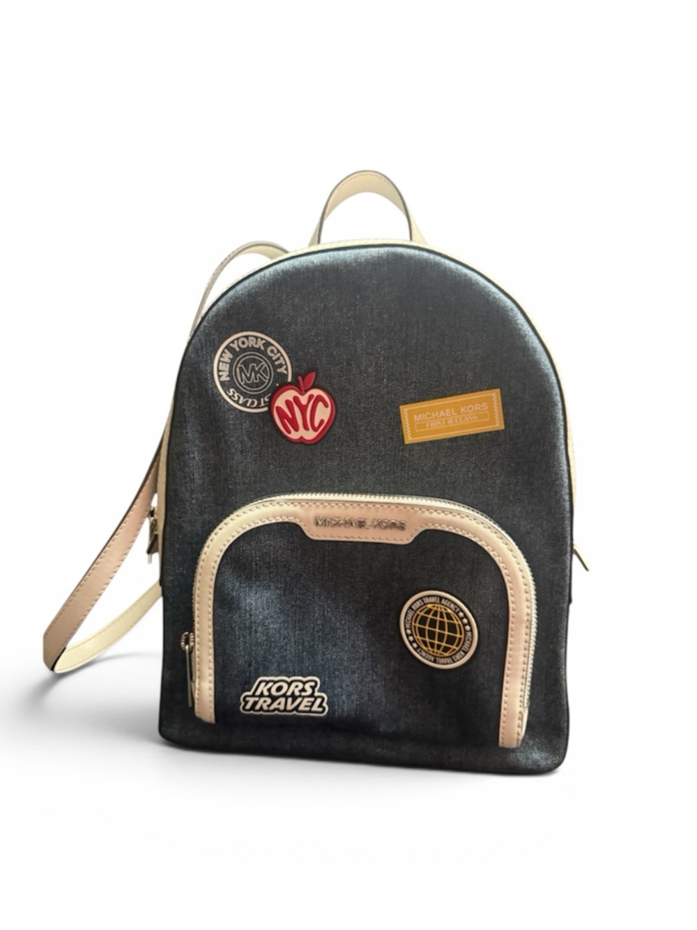Michael Kors Black Mini Backpack with Beige Trim and Travel Patches